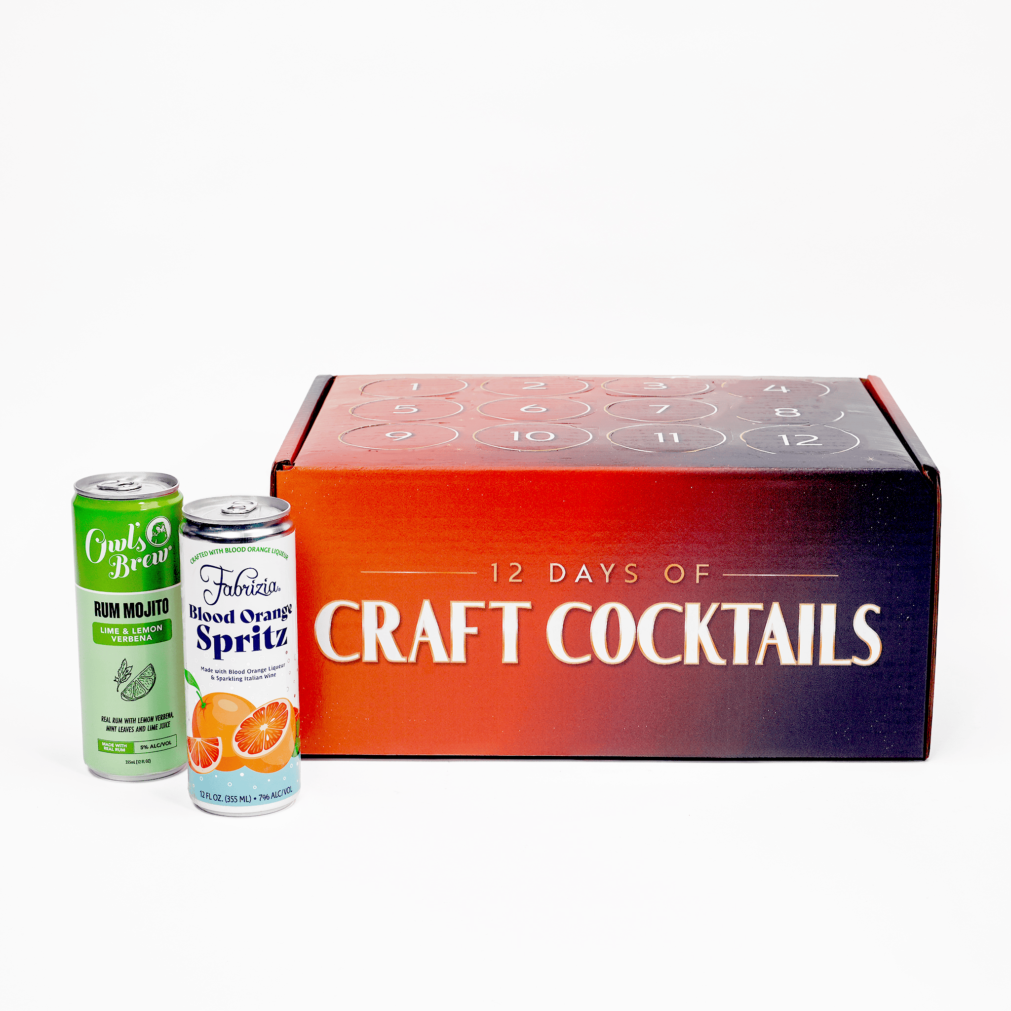 A 12-day cocktails advent calendar next to two canned cocktails on a clean white background.